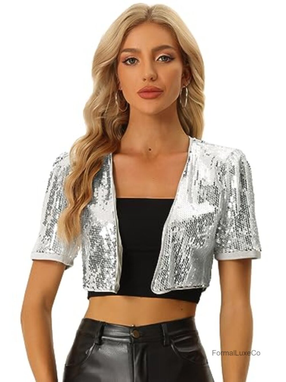 Sequin Cropped Cardigan Shrug Puff Short Sleeve Open Front Bolero